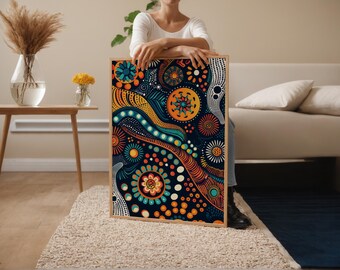 オーストラリア先住民のドット絵アートプリント、複雑な模様と伝統的な