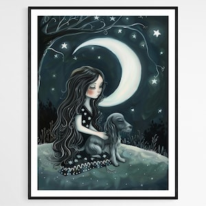 Whimsical Companions' Art Print, Girl and Dog Friendship Illustration, Heartwarming Home Decor, Ideal Gift for Pet Owners