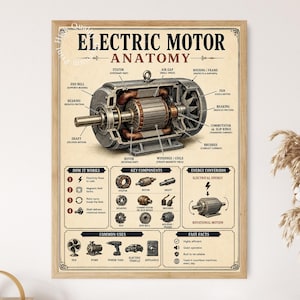 May include: A framed educational poster titled Electric Motor Anatomy featuring a detailed cross-section diagram of an electric motor with labelled parts like stator, rotor, and windings, plus sections explaining how it works, key components, and common uses.