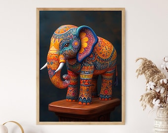 Sri Lankan Batik Art Print, Elephant and Floral Fabric Poster