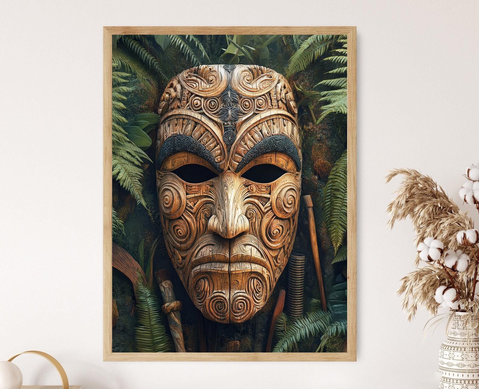 Maori Carved Wooden Mask Art Print, New Zealand Cultural Decor Poster