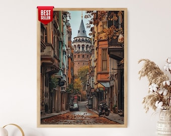 Stampa artistica di Istanbul: Torre di Galata e vista sul Bosforo - Poster di viaggio turco