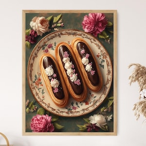 May include: Three chocolate eclairs with white and pink frosting on a vintage floral patterned plate. The plate is on a green background with pink flowers.