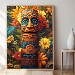 Maori gesneden totemkunstprint met tribale patronen en spiraalvormige ontwerpen | Nieuw-Zeelands cultureel decor | Poster Inheems erfgoed