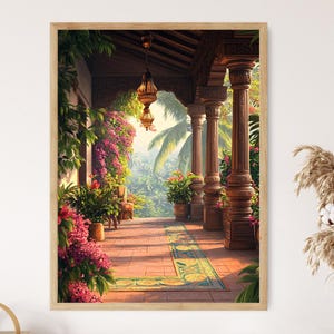 May include: A painting of a porch with wooden pillars and a tiled floor. The porch is decorated with lush greenery and pink flowers. A hanging light fixture hangs from the ceiling.