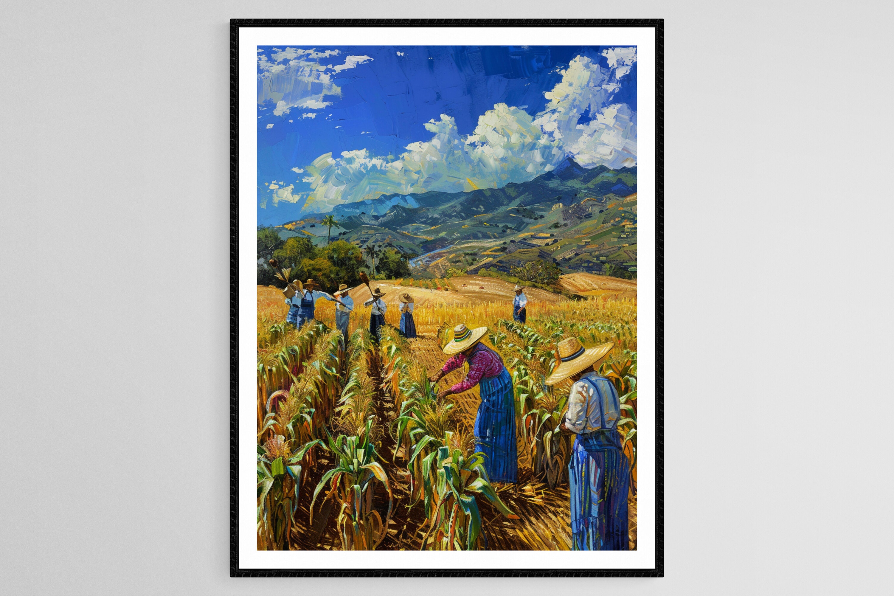 Mexican Farmers Harvesting Corn Art, Vibrant Fields Painting
