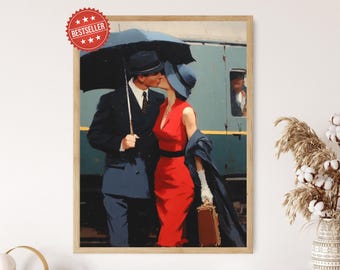 Vintage Train Kiss Art Print: Romantic Mid-Century Couple Painting