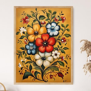 Nordic Floral Rosemaling Art Print, Scandinavian Folk Art, Botanical Design, Traditional Floral Patterns, Nordic Heritage, Folk Decor