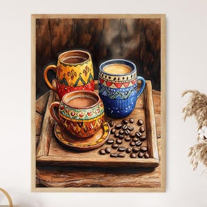 May include: Watercolor painting of three coffee mugs on a wooden tray with coffee beans. The mugs are decorated with colorful patterns in yellow, blue, and orange. Steam rises from the coffee, suggesting it's freshly brewed.