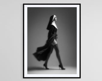 Gothic Nun Art Print: Surreal Black and White Fashion Photography
