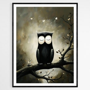 Búho en la impresión de arte oscuro - Ilustración mística de aves nocturnas - Decoración de pared única - Regalo perfecto para los amantes de la naturaleza