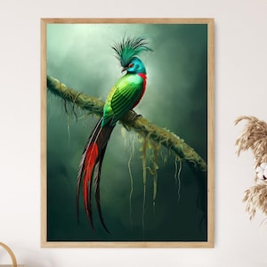 Impresión artística de un elegante pájaro quetzal en un exuberante hábitat tropical.