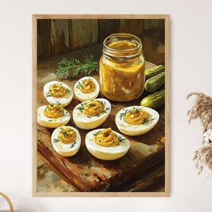 May include: A close-up of deviled eggs with a jar of yellow mustard and pickles on a wooden cutting board. The eggs are topped with a yellow filling and green herbs.
