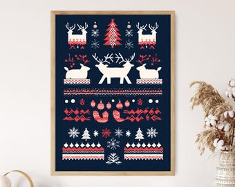 Festive Christmas Folk Art Print, Scandinavian Winter Reindeer Design