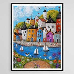 Puede incluir: Una pintura colorida de un pueblo peque&ntilde;o con casas en varios tonos de azul, amarillo, rojo y verde. El pueblo est&aacute; situado en una costa con veleros en el agua. La pintura est&aacute; enmarcada en negro.
