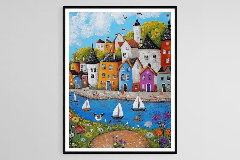 Puede incluir: Una pintura colorida de un pueblo peque&ntilde;o con casas en varios tonos de azul, amarillo, rojo y verde. El pueblo est&aacute; situado en una costa con veleros en el agua. La pintura est&aacute; enmarcada en negro.