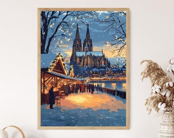 ミュンヘンの冬のマリエン広場のアートプリント、雪のドイツの装飾