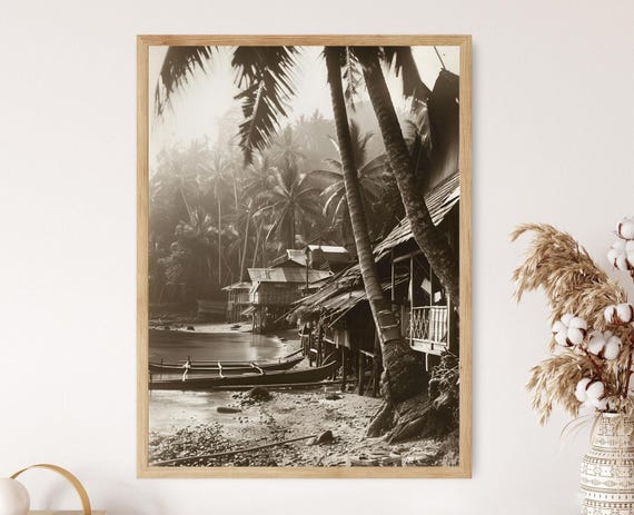 Vintage Filipino Fishing Village Print: Historical Black and White Photo