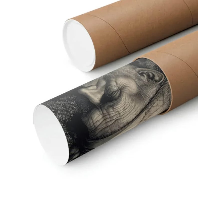 May include: Two brown cardboard tubes, one partially unrolled, displaying a black and white print of a person's face. The print is detailed, showing wrinkles and closed eyes. The tubes have white end caps.