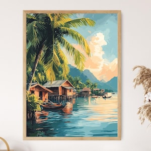 Lámina artística de Si Phan Don, decoración de paisaje de la isla de Laos, arte mural del río Mekong