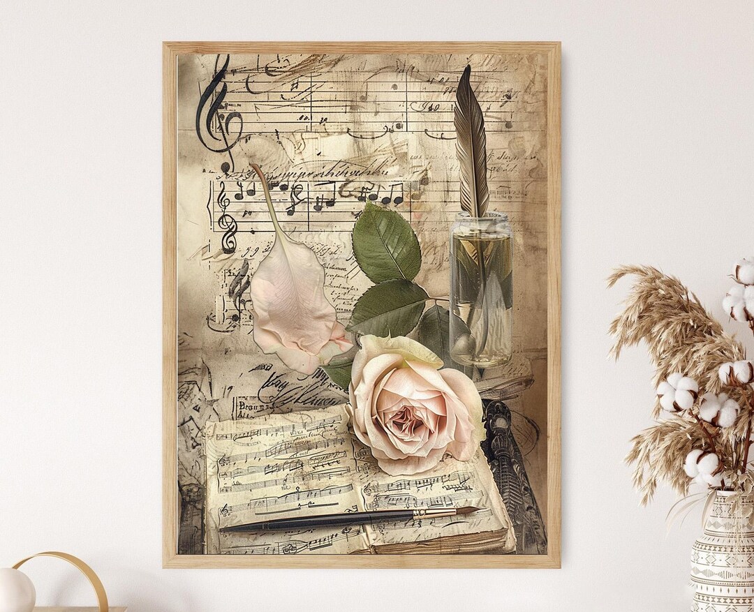 Vintage Music Sheet and Rose Art Print, Romantic Botanical Decor - Etsy