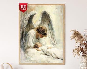 Guardian Angel Watching Over Child Art Print, Gentle Protection, Christian Decor