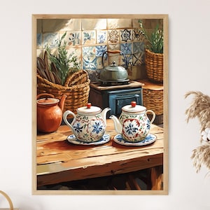 Lámina artística de juego de té ucraniano, póster de decoración de cocina de pueblo