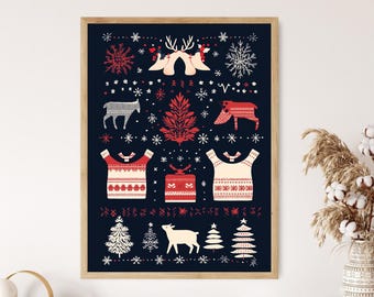 Nordic Knit Reindeer Art Print, Cozy Scandinavian Holiday Wall Decor