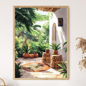 May include: A painting of a patio with potted plants, a rug, and wooden stools. The patio is surrounded by lush greenery and a white wall with a window.