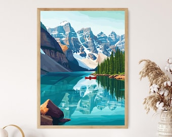 May include: A framed art print depicts a serene mountain lake scene. Snow-capped peaks rise above the turquoise water, reflecting the sky and surrounding landscape. A small red canoe glides across the water, adding a focal point to the artwork.