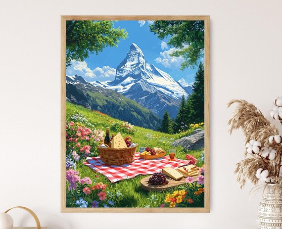 Matterhorn Picnic Art Print, Swiss Alps Landscape, Traditional