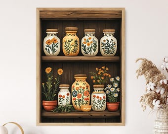 Bulgarian Ceramic Spice Jars Art Print, Traditional Kitchen Decor Poster