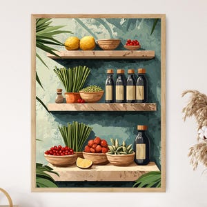 Op de afbeelding: Een ingelijste aquarelprint van een keukenkast met diverse ingrediënten. De planken tonen citroenen, kommen met bessen, kruiden en flessen. Het kleurenpalet omvat groen, bruin en blauw, wat een frisse en uitnodigende esthetiek creëert.