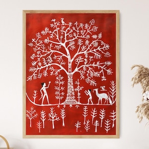 May include: A framed artwork depicting a stylized white tree with branches and leaves on a red background. The tree is surrounded by smaller white trees and figures of people and animals.
