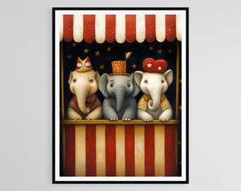 Circus Elephants Art Print. Colorful Circus Scene Illustration