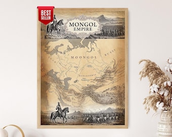 Mongol Empire Map, Genghis Khan Historical Cartography Print