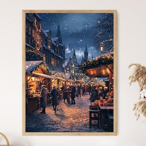 Weihnachtsmarkt-Kunstdruck, Festlicher Europäischer Stadtplatz