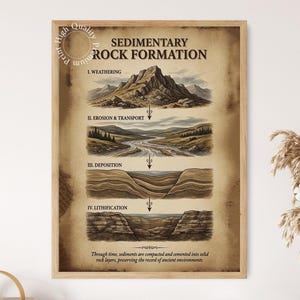 May include: A vertical educational poster titled Sedimentary Rock Formation, featuring four illustrated stages: Weathering, Erosion & Transport, Deposition, and Lithification. The print has a vintage tan background with dark brown text and detailed drawings.