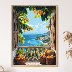 May include: A framed painting depicts a scenic coastal view from a balcony. The artwork showcases a blue ocean, a sailboat, and a distant town. Wicker baskets filled with bananas and oranges are on the balcony. The scene is framed by wooden shutters and lush greenery.
