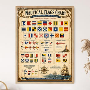 May include: A framed nautical flags chart poster featuring the International Code of Signals. The print displays alphabet flags, numeral pendants, substitutes, and various maritime signal flags with a compass rose and sailing ship illustration.