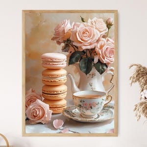 Lámina artística de macarons, postres franceses en tonos pastel y juego de té