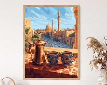 May include: Two blue and white ceramic teacups with gold accents sit on a red tiled surface with a copper teapot. The cups are filled with a dark liquid. The background is a painting of a city skyline with a mosque and minarets.