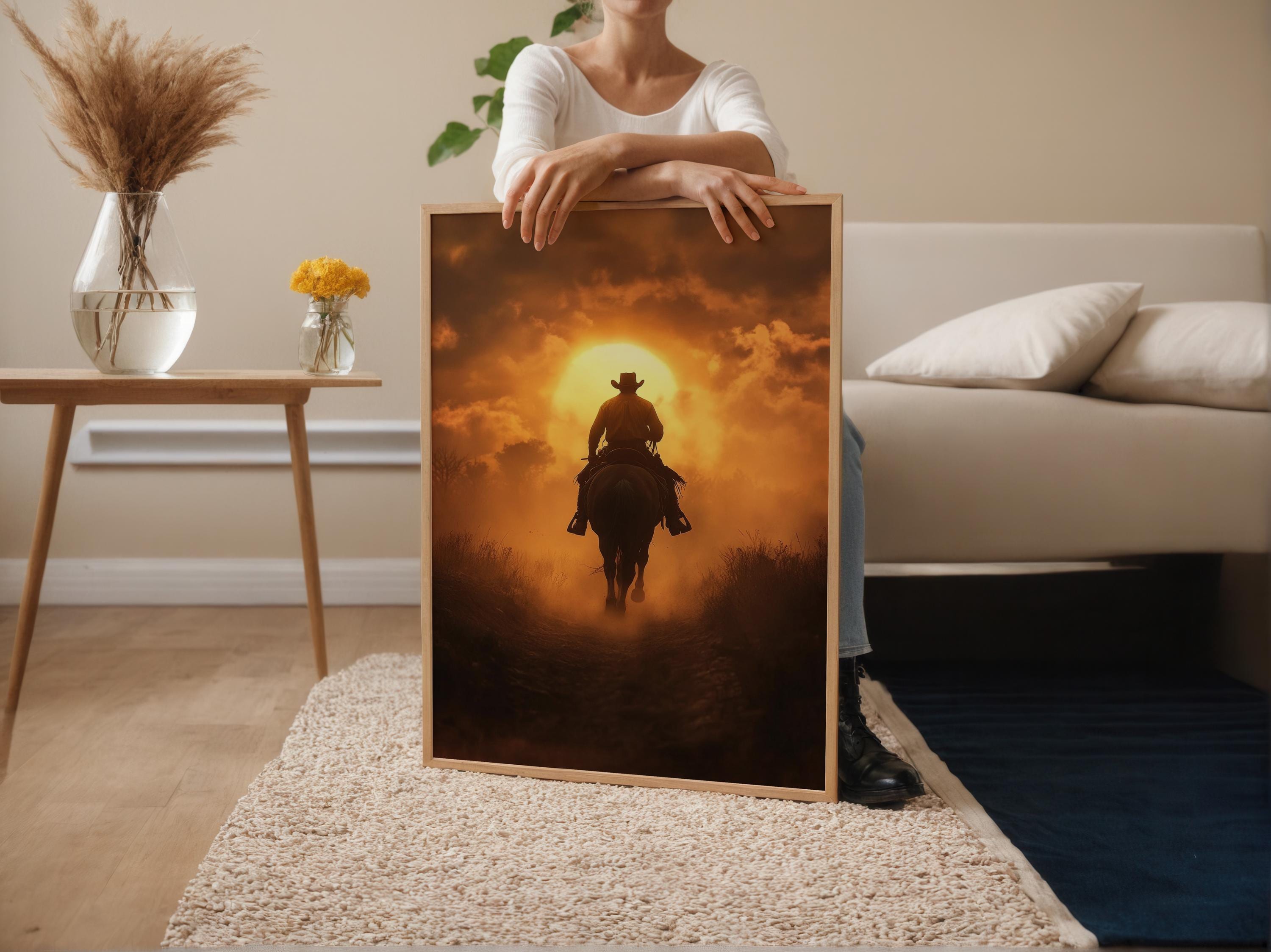 テキサスのカウボーイが馬に乗ってアートプリント、ほこりっぽい道と