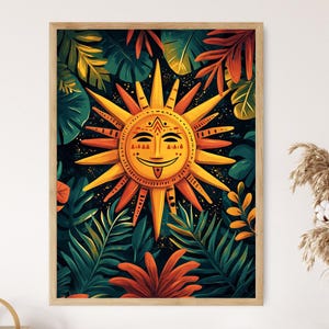 May include: A stylized illustration of a smiling sun with a tribal design, surrounded by lush green and orange tropical leaves. The sun is yellow and orange with a red tongue sticking out.