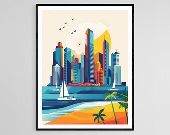 Impressão artística da Cidade do Panamá, horizonte moderno, bairro histórico de Casco Viejo