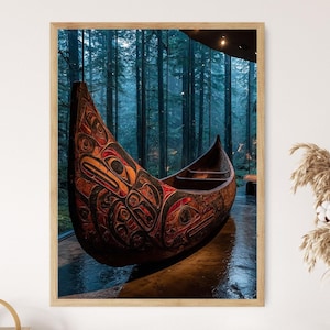 May include: A framed print featuring a detailed, wooden canoe with intricate carvings in red and black. The canoe is positioned in a room with a large window overlooking a forest. The artwork is displayed in a light-colored wooden frame.