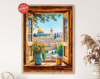 Jerusalem Wooden Window Art Print, Palestinian Motifs, Dome of the Rock View