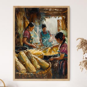 May include: Three women in traditional clothing prepare food in a rustic kitchen. They are surrounded by woven baskets and bowls filled with noodles. The scene is painted in a realistic style with warm colors.