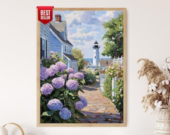 Nantucket Massachusetts Art Print, Lighthouse and Hydrangeas