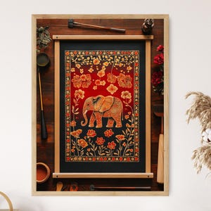 Stampa artistica batik dello Sri Lanka, poster in tessuto con elefante e fiori, decorazione tessile tradizionale